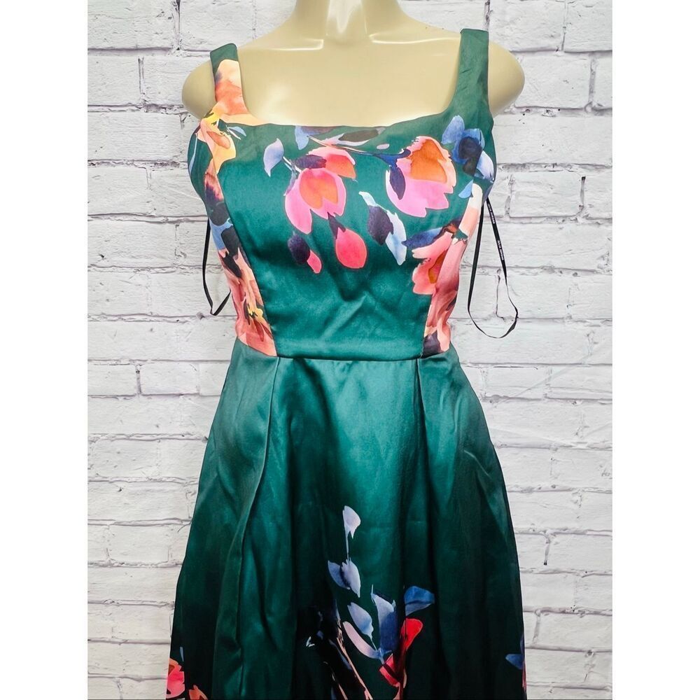 Julia Jordan Womens Green Multi Floral Mikado Pleated Fit & Flare Dress Sz 4 - Picture 4 of 9